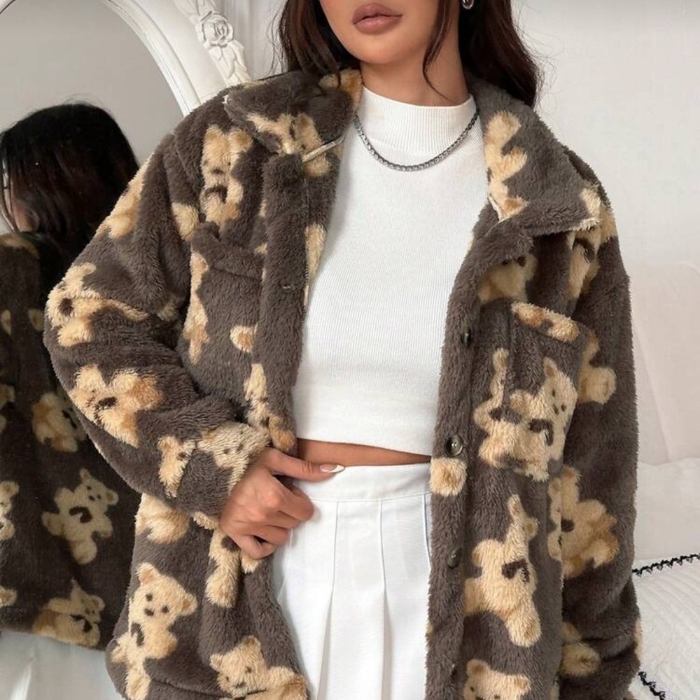 Gorgeous Large Brown Teddy Print Furry Button Down Collared Sweater PC 🖤 - Picture 13 of 16